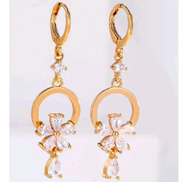 14K Gold plated hoop & rhinestone Floral long dainty elegant Earrings 2/$30 - Picture 5 of 5